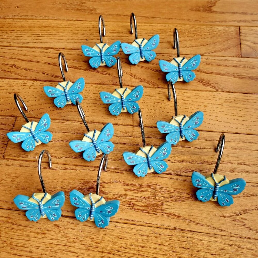 Butterfly Shower Curtain Rings Hooks Qty 12 Butterflies Blue & Yellow